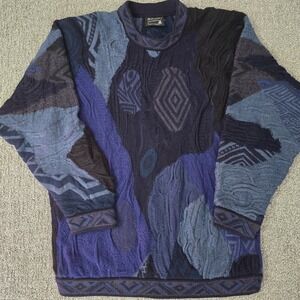Coogi Australia 100% Wool Sweater Mens L Blue 3D Textured Knit Abstract Size L